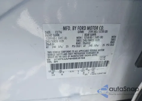 2017 Ford Edge Sport z USA, uszkodzony, nr VIN 2FMPK4AP8HBB35194